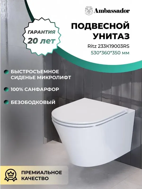 Унитаз Ambassador Ritz 233K19003RS подвесной безободковый с микролифтом