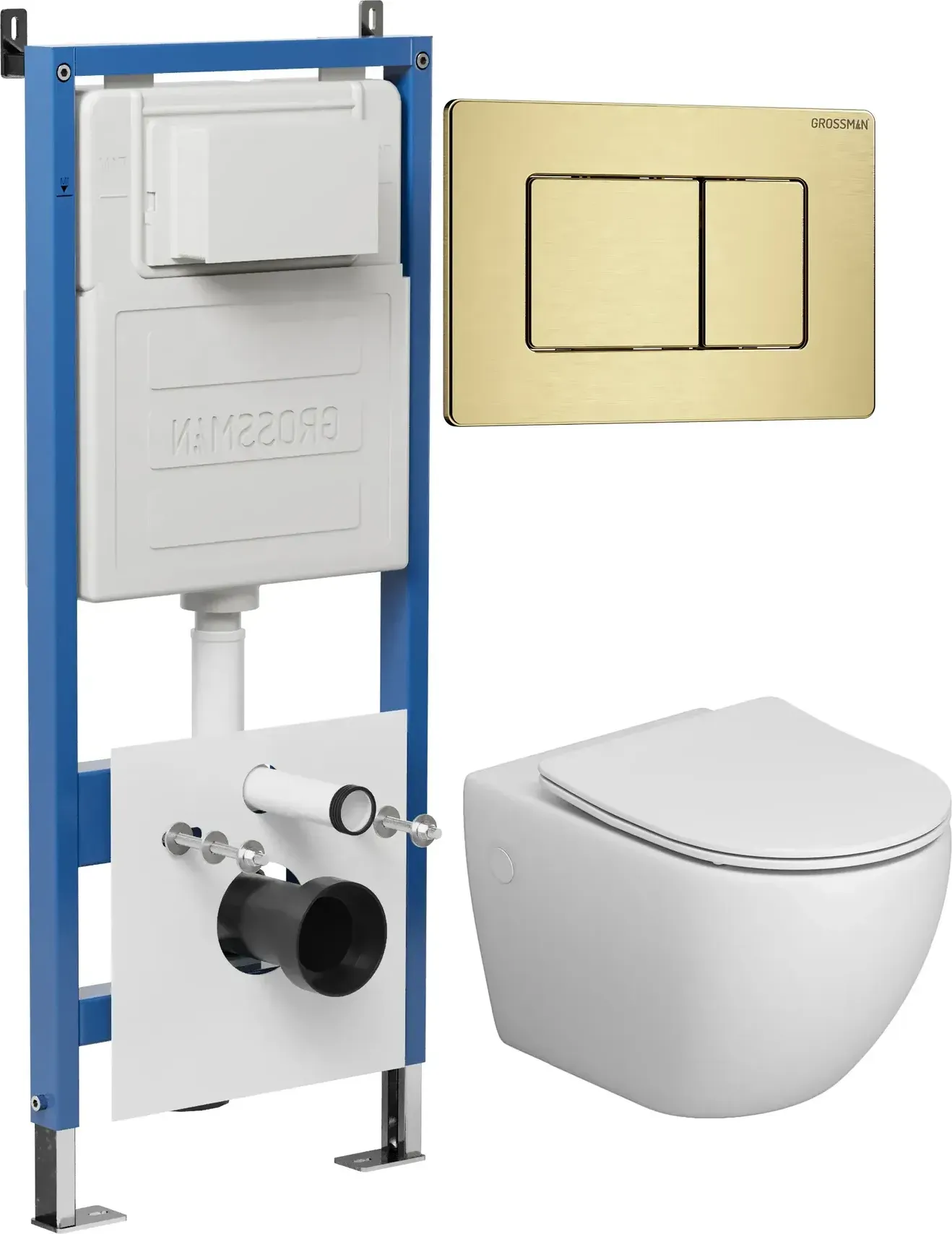 Унитаз Grossman 97.4411S.04.32M с инсталляцией и золото сатиновой кнопкой смыва