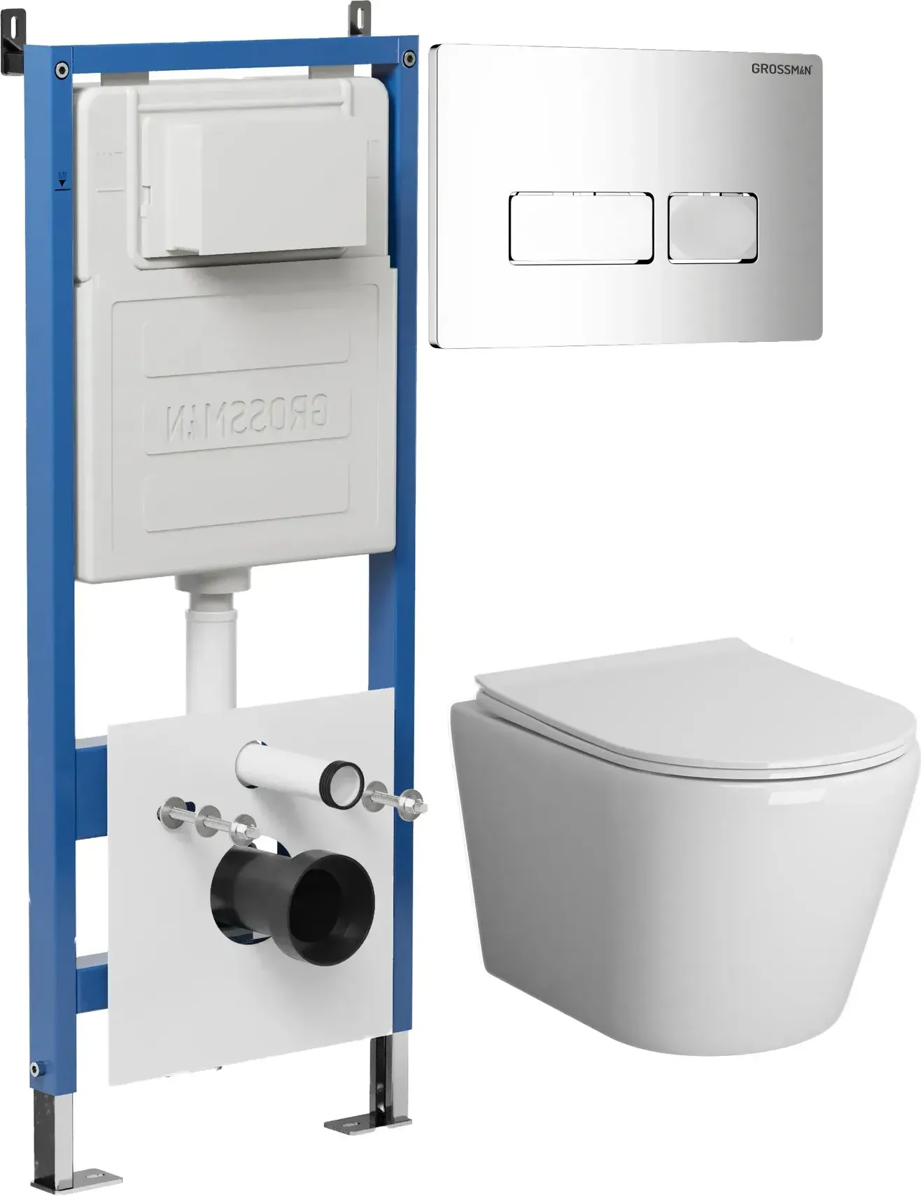 Унитаз Grossman Fly 97.4478BMS.03.100 с инсталляцией и хром глянцевой кнопкой смыва