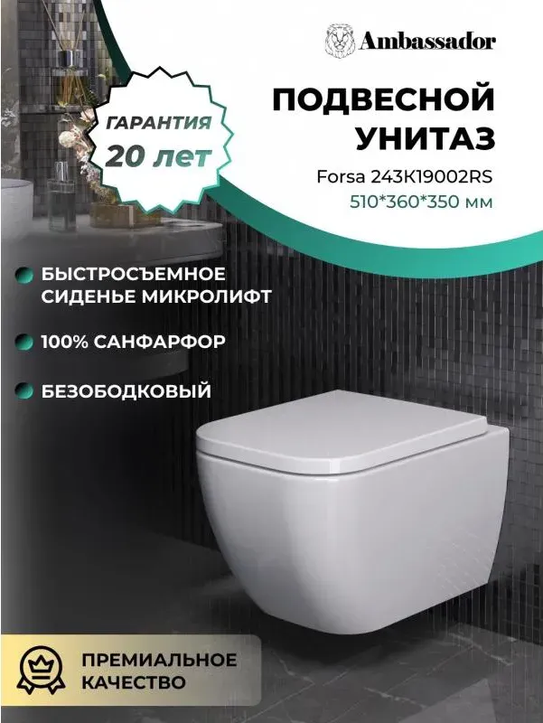 Унитаз Ambassador Forsa 243K19002RS подвесной безободковый с микролифтом