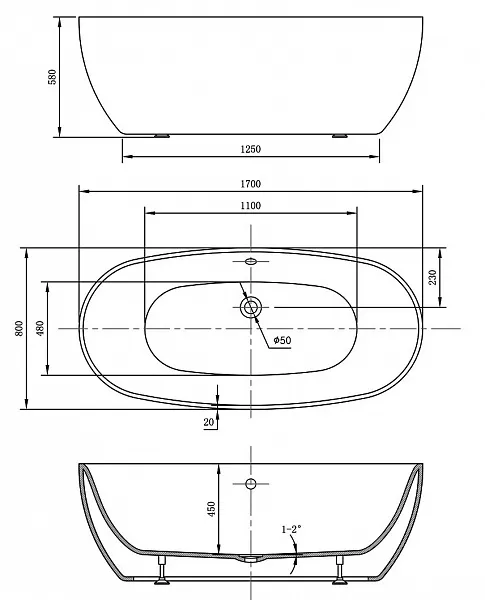Акриловая ванна Vincea 170x80 VBT-405-1700 фото 4