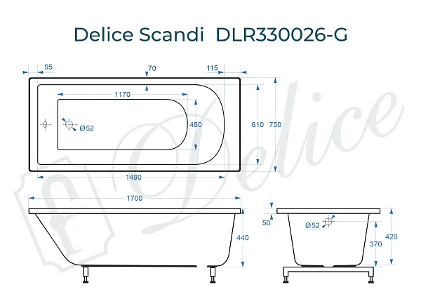 Ванна из искусственного камня Delice Scandi DLR330026-G фото 2