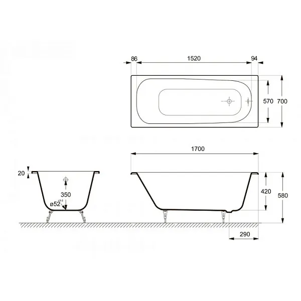 Ванна чугунная Delice Continental 170x70 DLR230613R-AS с отверстиями под ручки и антискользящим покрытием фото 2