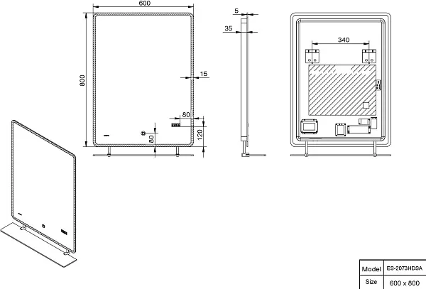 Зеркало Esbano 60x80 ESMI2073HDSA с подсветкой с полочкой фото 3