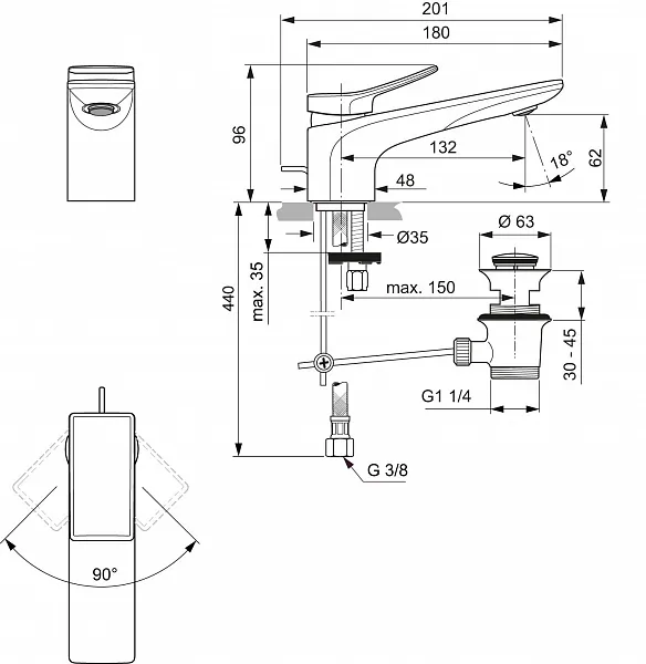 Смеситель Ideal Standard Conca BC753AA для раковины с донным клапаном фото 7
