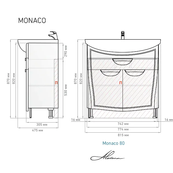Тумба под раковину Alavann Monaco 80 см ALV0186003 фото 4