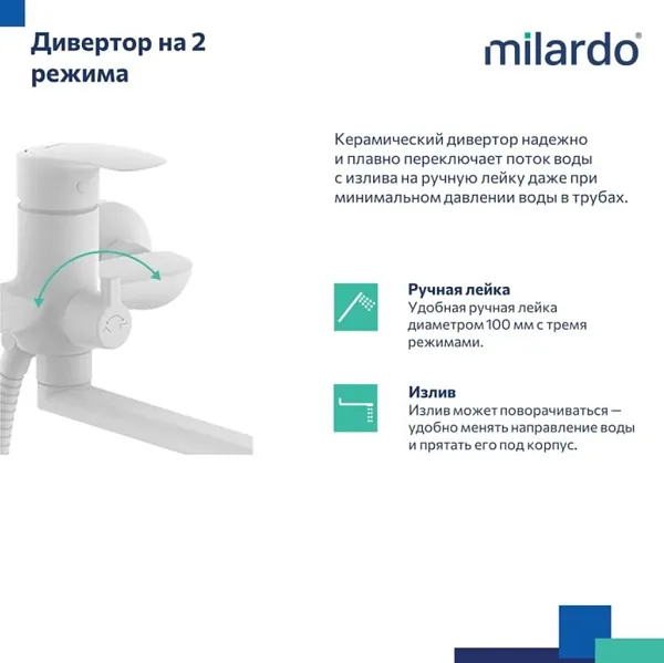 Смеситель Milardo Rora RORWT00M10 для ванны с душем с душевой лейкой фото 3