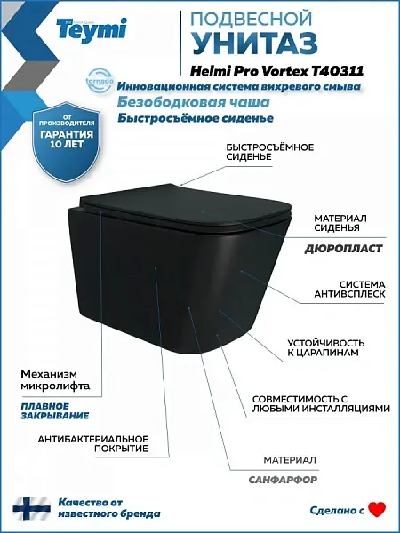 Унитаз подвесной Teymi Eva Pro Vortex Black W00789 подвесной безободковый с микролифтом фото 1
