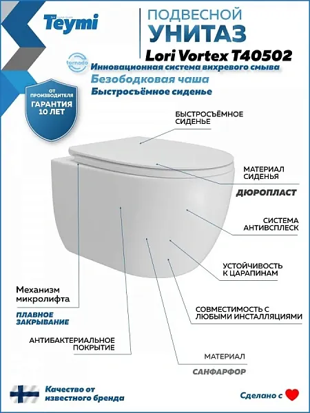 Унитаз подвесной Teymi Amelia Vortex W00157 подвесной безободковый с микролифтом фото 1