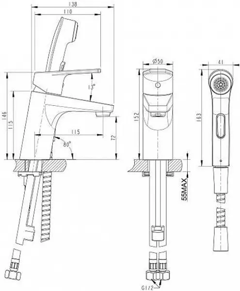 Смеситель Bravat Line F15299C-2 для раковины с гигиеническим душем фото 2