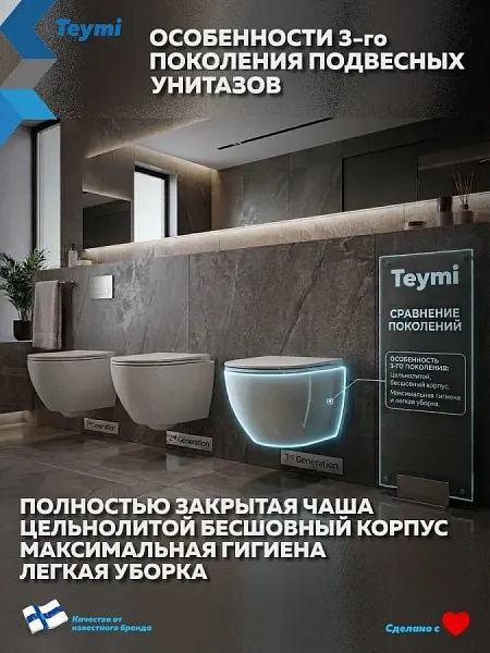 Унитаз подвесной Teymi Milana Vortex 3 W00743 подвесной безободковый с микролифтом фото 2
