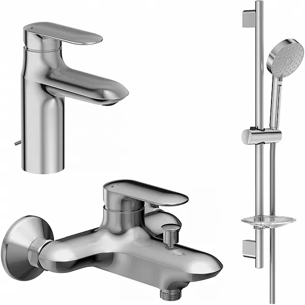 Комплект смесителей Jacob Delafon Kumin E98827-CP/E99460-CP/E99898RU-CP 3 в 1 с донным клапаном фото 1