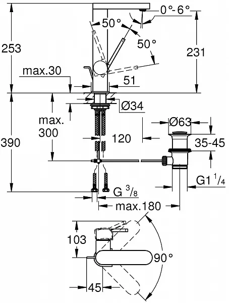 Смеситель Grohe Plus 23851003 для раковины с донным клапаном фото 2