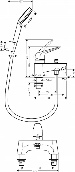 Смеситель Hansgrohe Novus 71044000 на борт ванны фото 2