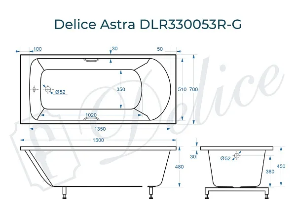 Ванна из искусственного камня Delice Astra DLR330053R-G фото 2
