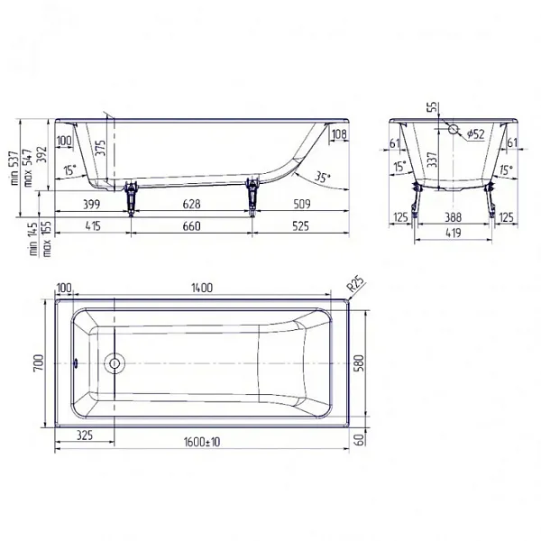 Ванна чугунная Delice Parallel 160x70 DLR220504 без ручек фото 2