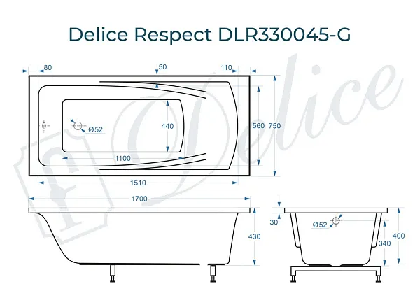 Ванна из искусственного камня Delice Respect DLR330045-G фото 2