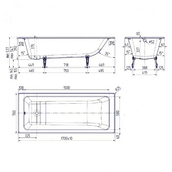 Ванна чугунная Delice Parallel 170x70 DLR220505R-AS с ручками и антискользящим покрытием фото 3