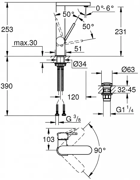 Смеситель Grohe Plus 23873003 для раковины с донным клапаном фото 3