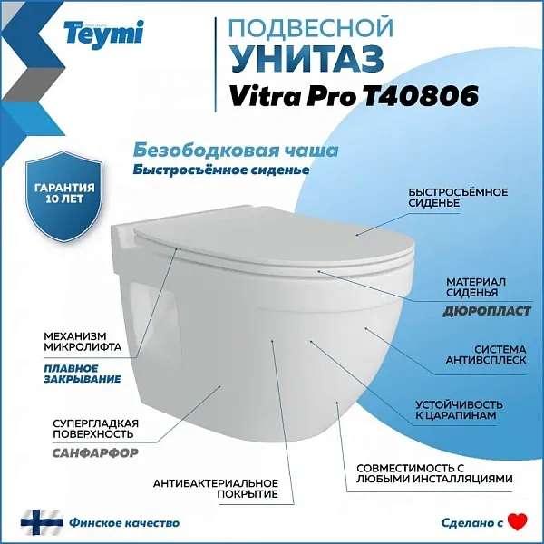 Унитаз подвесной Teymi Nancy Pro W00162 подвесной безободковый с микролифтом фото 1
