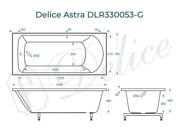 Ванна из искусственного камня Delice Astra DLR330053-G фото 2