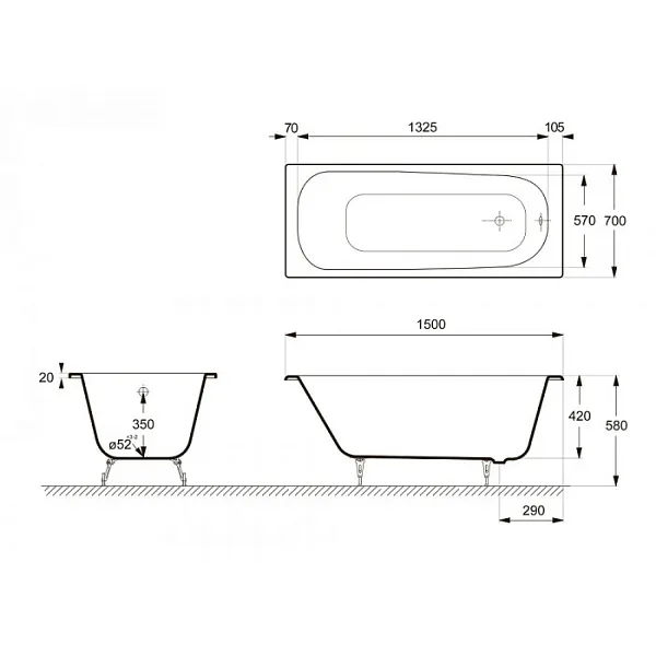 Ванна чугунная Delice Continental 150x70 DLR230612R с отверстиями под ручки фото 2