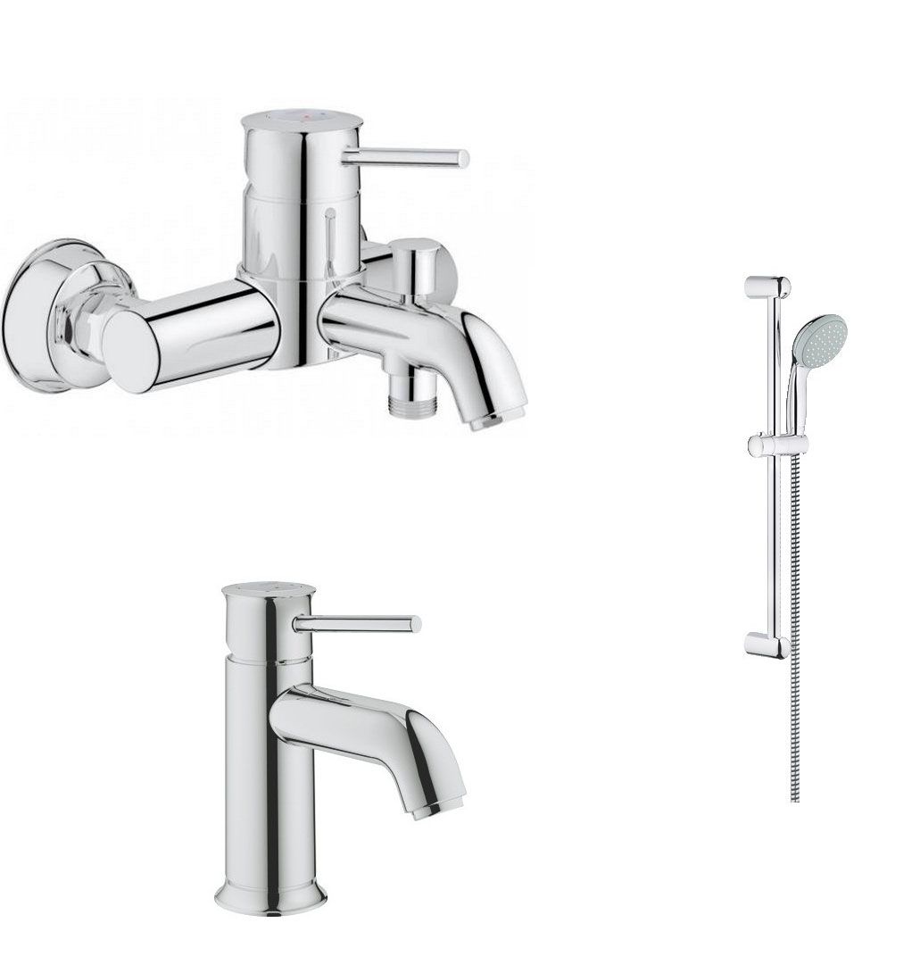 Смесители 3 в 1 для ванной. Grohe 124404. Grohe BAUCLASSIC. Комплект смесители Грое. Смеситель Grohe BAUCLASSIC.