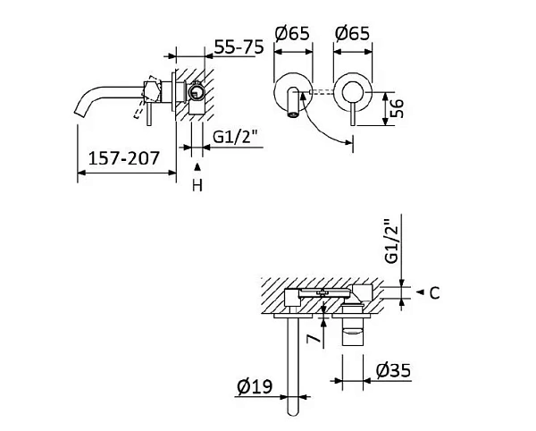 Смеситель для раковины встраиваемый CEZARES LEAF-BLI2-20-L-SR фото 7