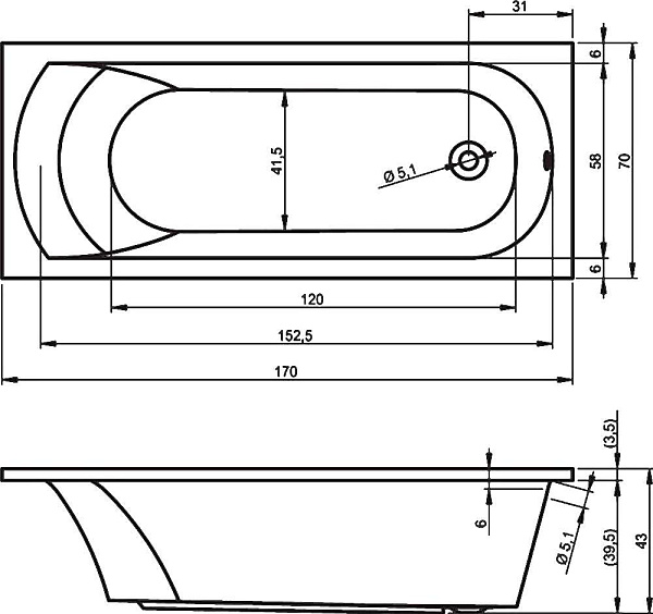 Акриловая ванна Riho Miami 170x70 без гидромассажа BB6200500000000 фото 4