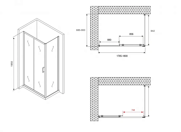 Душевой уголок ABBER Schwarzer Diamant 180x90 AG30180B-S90B стекло прозрачное профиль черный без поддона фото 5