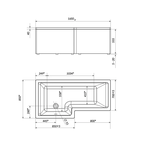 Ванна акриловая Marka One Linea 165x85 01лин16585л асимметричная левая фото 5