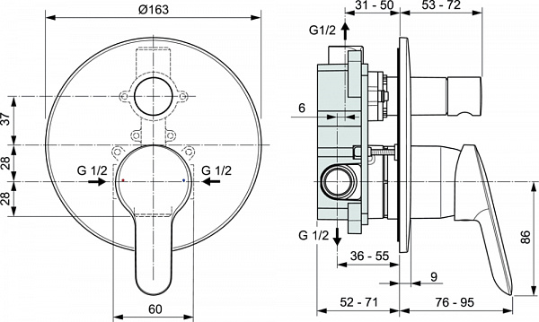 Смеситель Ideal Standard Dot 2.0 A7165AA для ванны с душем с внутренней частью фото 2