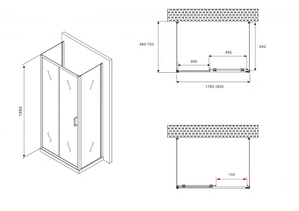 Душевой уголок ABBER Schwarzer Diamant 180x70 AG30180B-S70B-S70B стекло прозрачное профиль черный без поддона фото 5