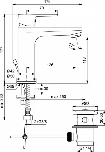 Смеситель Ideal Standard Sesia BC201AA для раковины с донным клапаном фото 2