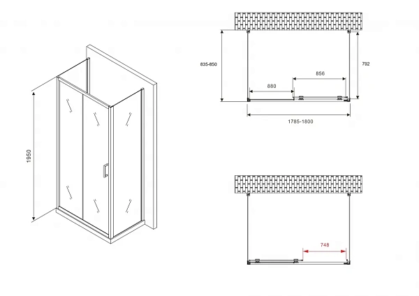 Душевой уголок ABBER Schwarzer Diamant 180x85 AG30180B-S85B-S85B стекло прозрачное профиль черный без поддона фото 5