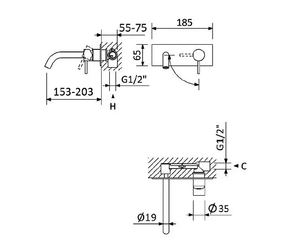 Смеситель для раковины встраиваемый CEZARES LEAF-BLI1-20-L-MM фото 2