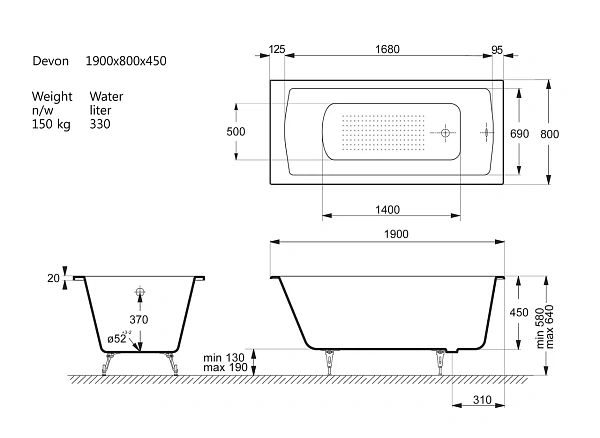 Чугунная ванна Vinsent Veron Devon VDV1908045-AS с антискользящим покрытием фото 6