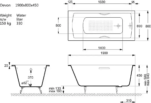 Чугунная ванна Vinsent Veron Devon VDV1908045H/E60327CH-AS с хромированнами ручками и антискользящим покрытием фото 2