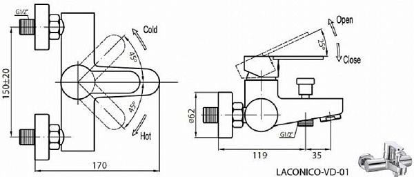 Смеситель Cezares Laconico LACONICO-C-VD-01 для ванны с душем фото 2