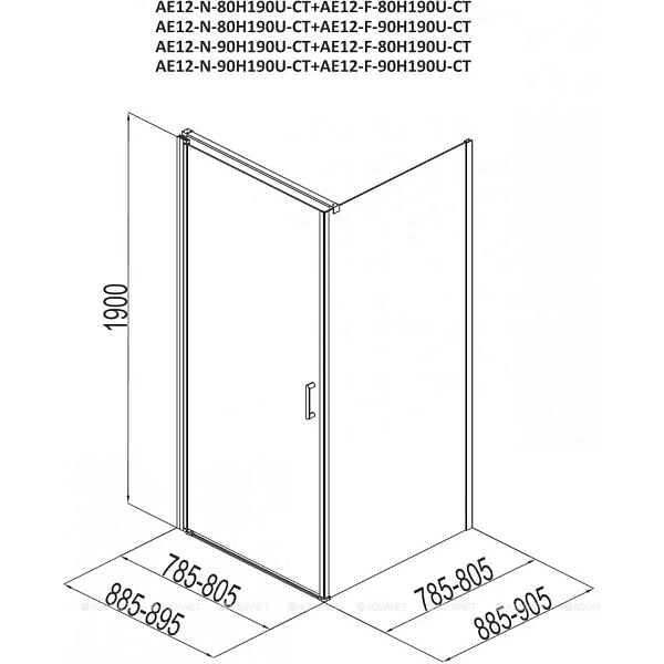 Душевой уголок Aquanet Cinetic AE12-N-90H190U-CT + AE12-F-90H190U-CT 90x90 профиль хром прозрачное стекло фото 3