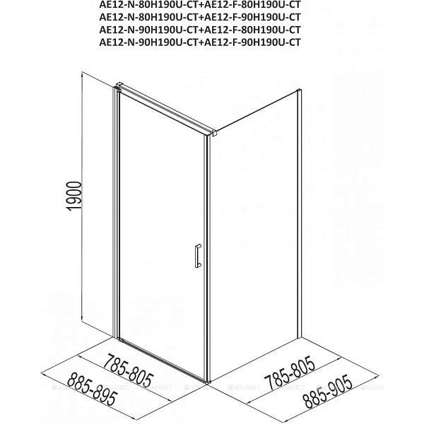 Душевой уголок Aquanet Cinetic AE12-N-80H190U-CT + AE12-F-90H190U-CT 80x90 профиль хром прозрачное стекло фото 3