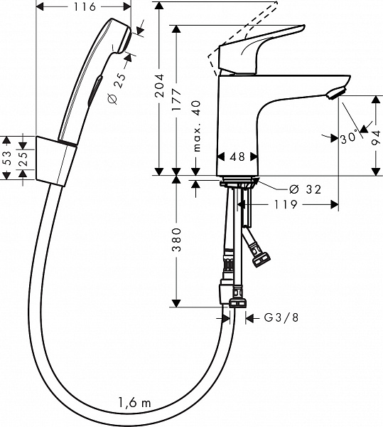 Смеситель Hansgrohe Focus 31927000 для раковины с гигиеническим душем с донным клапаном фото 2