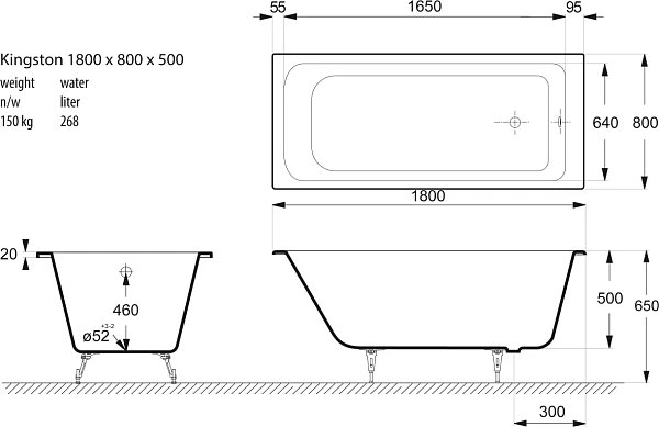 Чугунная ванна Vinsent Veron Kingston VKN1808050H/E60327CH-AS с хромированнами ручками и антискользящим покрытием фото 2
