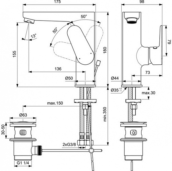 Смеситель Ideal Standard Cerafine O BC497AA для раковины с донным клапаном фото 2