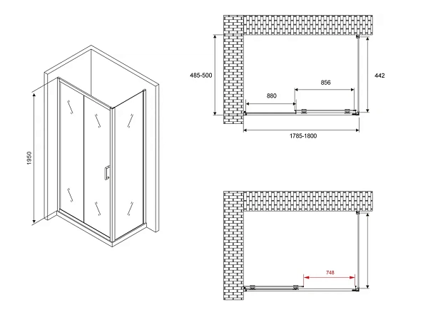 Душевой уголок ABBER Schwarzer Diamant 180x50 AG30180B-S50B стекло прозрачное профиль черный без поддона фото 5