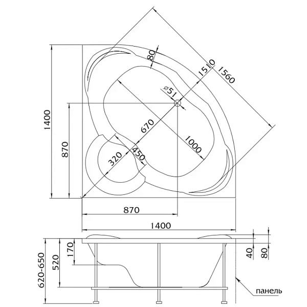 Ванна акриловая Marka One Trapani 140x140 01тр1414 четверть круга угловая фото 4