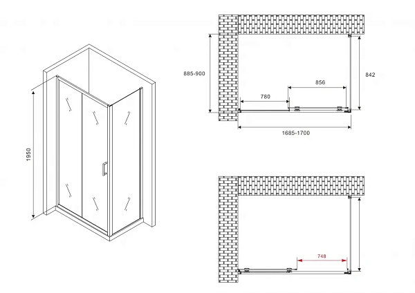 Душевой уголок ABBER Schwarzer Diamant 170x90 AG30170B-S90B стекло прозрачное профиль черный без поддона фото 5