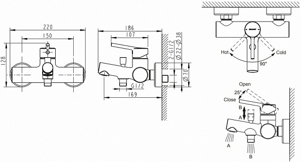 Смеситель Bravat Palace Black F6172217BM-01-RUS для ванны с душем фото 2