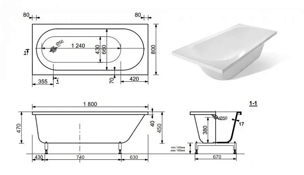 Ванна из искусственного камня Aquanet Lotos Stone AQ-00332894 180x80 фото 3