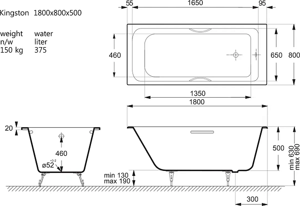 Чугунная ванна Vinsent Veron Kingston VKN1808050H/E60327CH с хромированнами ручками фото 4